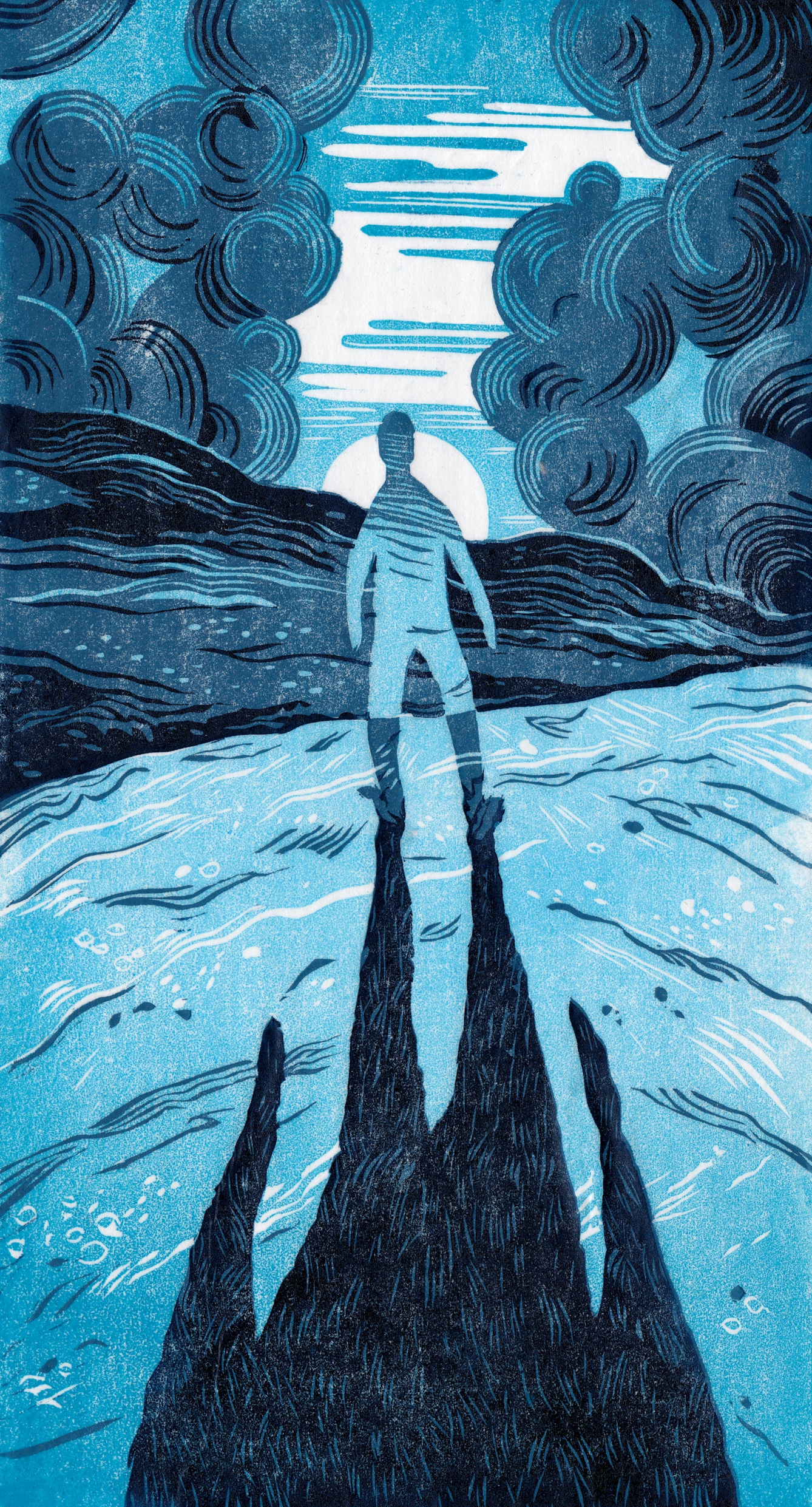 Digital copy of an original linocut artwork. The center shows a blue human outline standing. Stretching from their feet is their dark shadow, which is notably larger than the person. The ground the person is standing on is predominantly light blue, with navy and white brushstrokes. The background consists of black, white and varying shades of blue brushstroke-style patterns that look like clouds. Directly behind the person is a white circle resembling a sunset. 