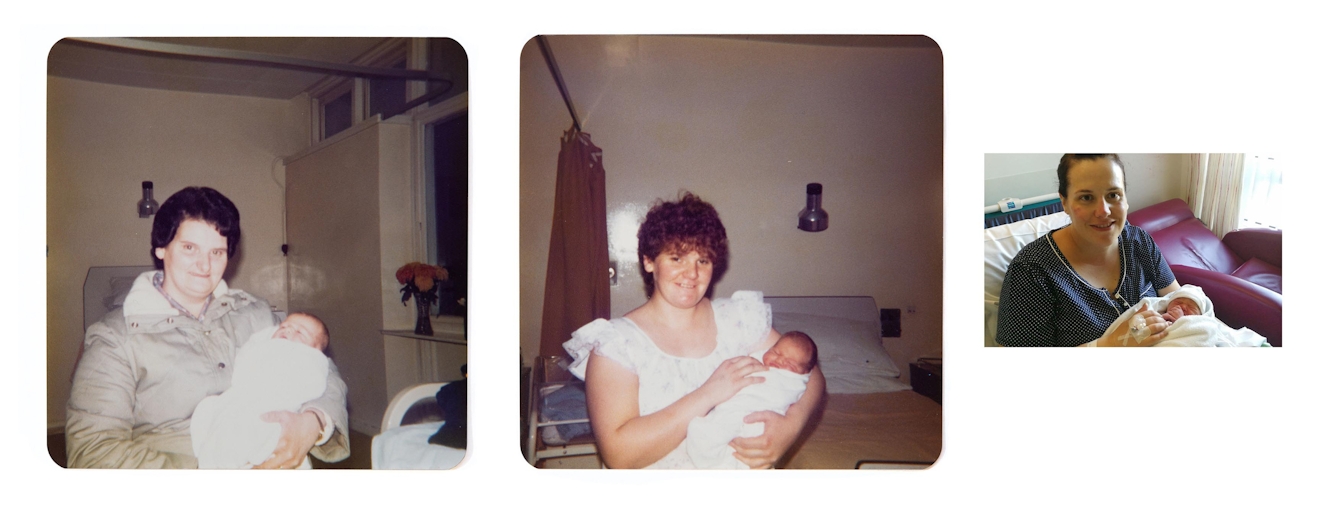A group of 3 family archive photos ranging in date from 1983 to 2018. The photos all show a hospital maternity scene with mothers and a grandmother holding new born babies in their arms. All different generations but very similar poses and expressions.