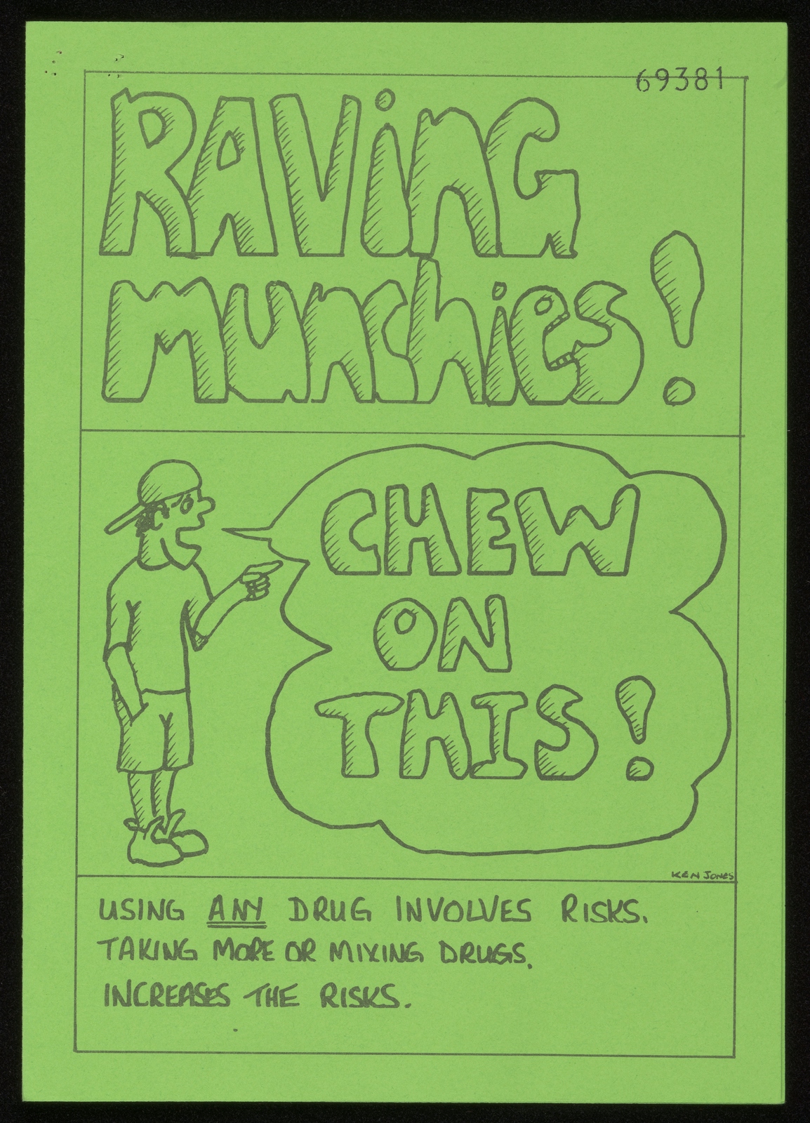 Handmade leaflet, black handwriting and drawing on green paper.