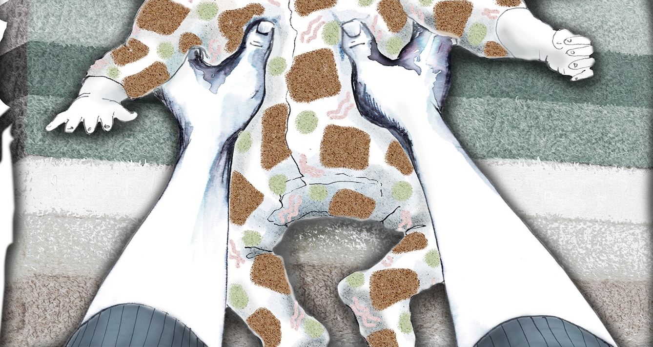Photograph of a mixed media artwork incorporating photography, watercolour paint and ink sketching. A pair of forearms is shown outstretched and holding a baby at arm's length. The baby is wearing a patterned baby-grow, and its head is out of frame. Behind the baby is a stripy green. white and brown pattern.