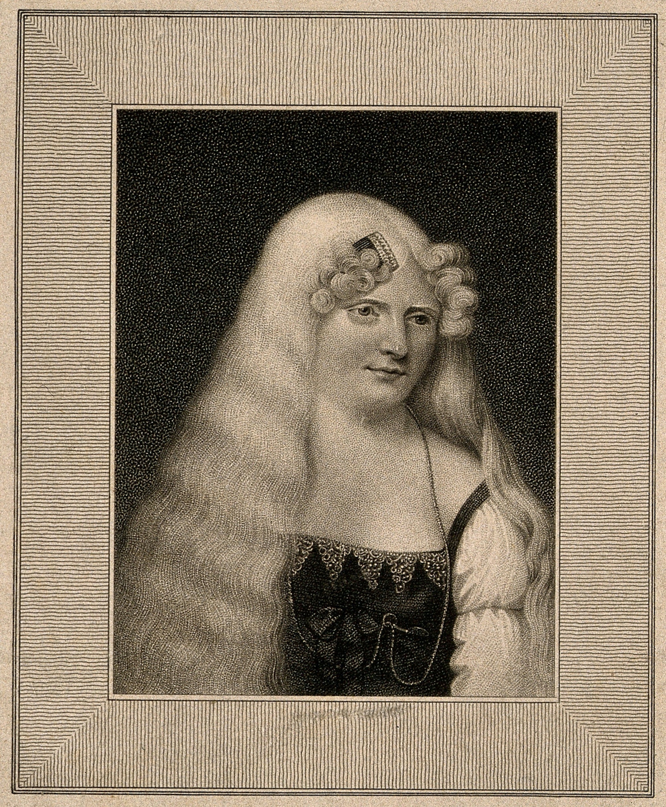 Portrait showing the head and shoulders of a young woman with long white hair and pale skin. She is wearing a dress with a black bodice and white sleeves, and has a decorative comb in her hair.