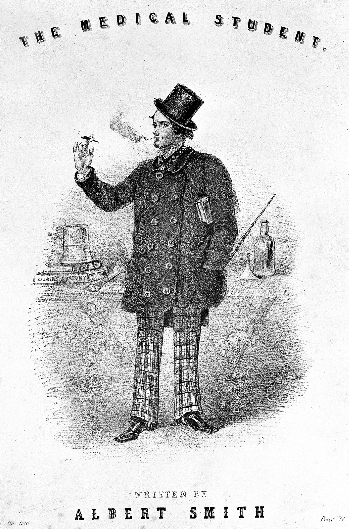 Lithograph image depicting "The Medical Student" who is smoking, with a tankard and Quain's Anatomy on the table, with a book under his arm, plaid trousers and a top hat at a jaunty angle.