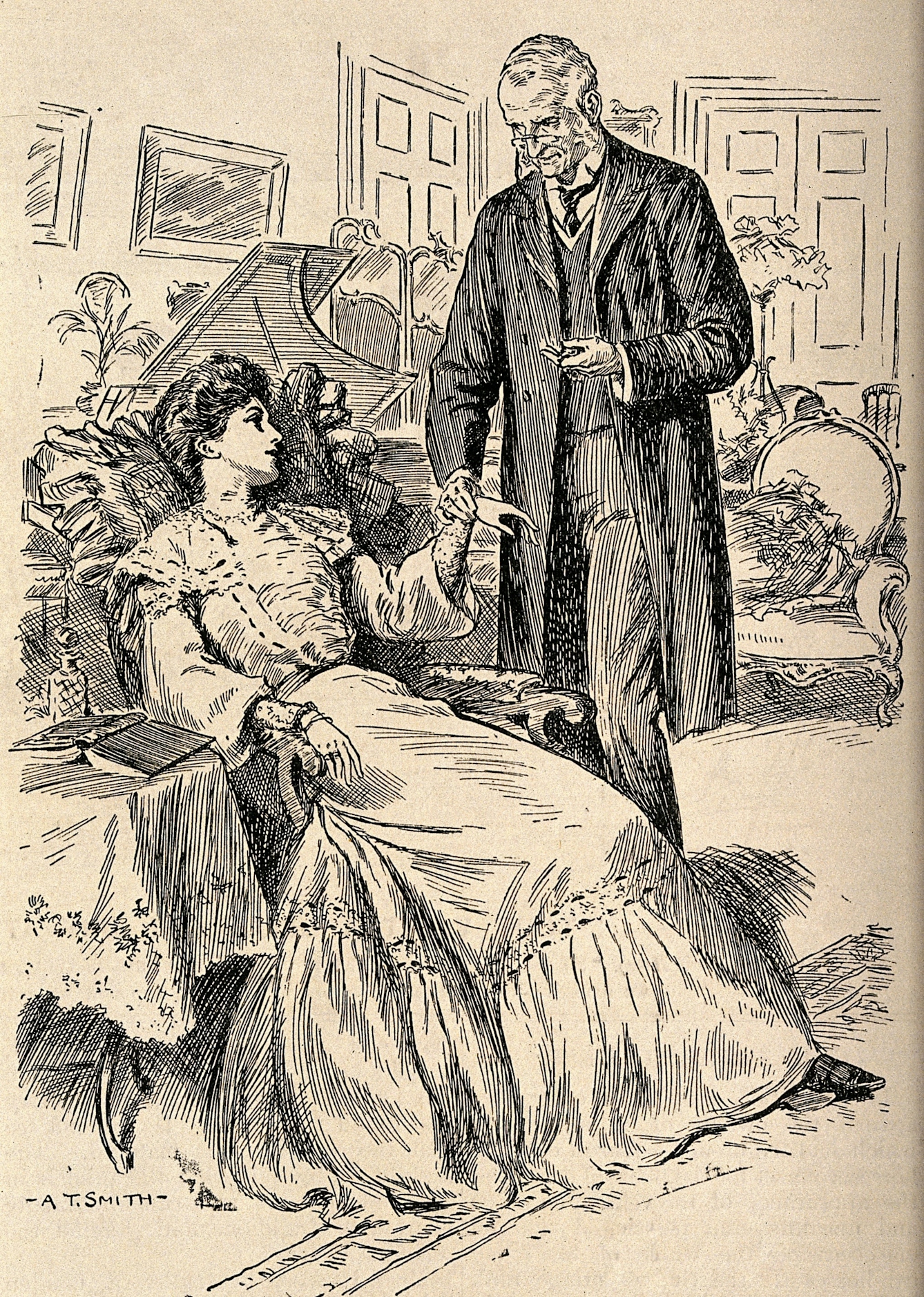 A reclining female patient with a standing doctor taking her pulse