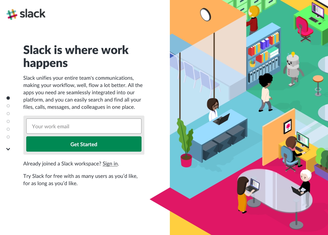 Screengrab of the Slack webpage featuring the slogan "Slack is where work happens" and a picture of emoji-style people in an office.