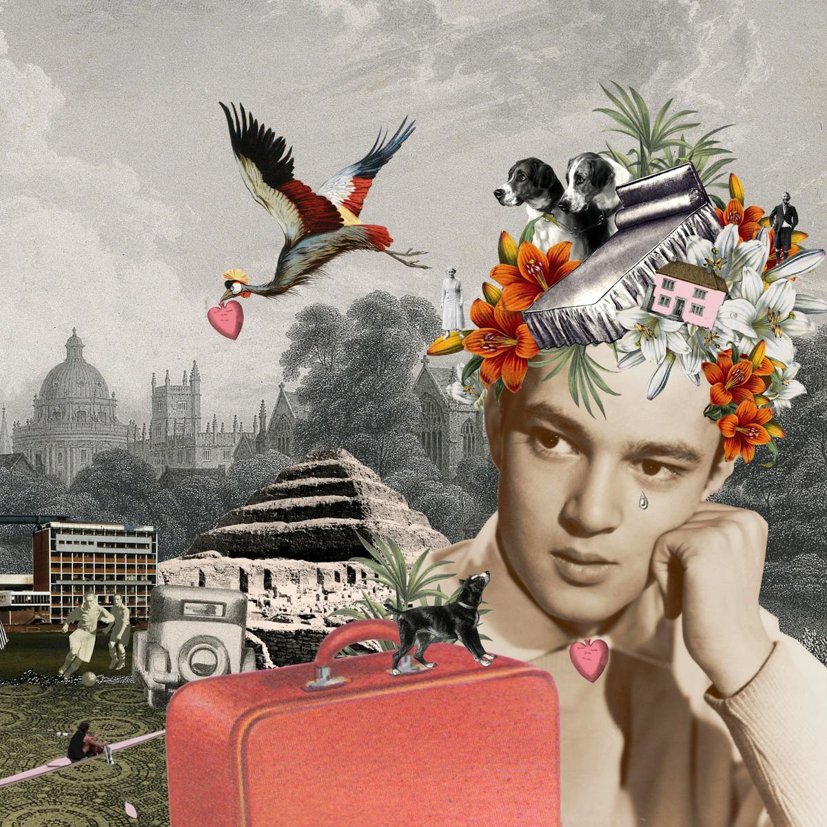 Artwork using collage.  The collaged elements are made up archive material which includes, vintage photographs, etchings, painted illustrations, lithographic prints and line drawings. This artwork depicts a man on the right hand side with his head resting on his hand. Forming a headdress on his head are pictures of a bed, two dogs, a house, flowers and an elderly man and woman. These elements are repeated on the left hand side much larger. In between the two sides is a rural and city skyline merged together. It the sky is an aeroplane and the planet Saturn and a large colourful bird in flight carrying a heart in its beak.