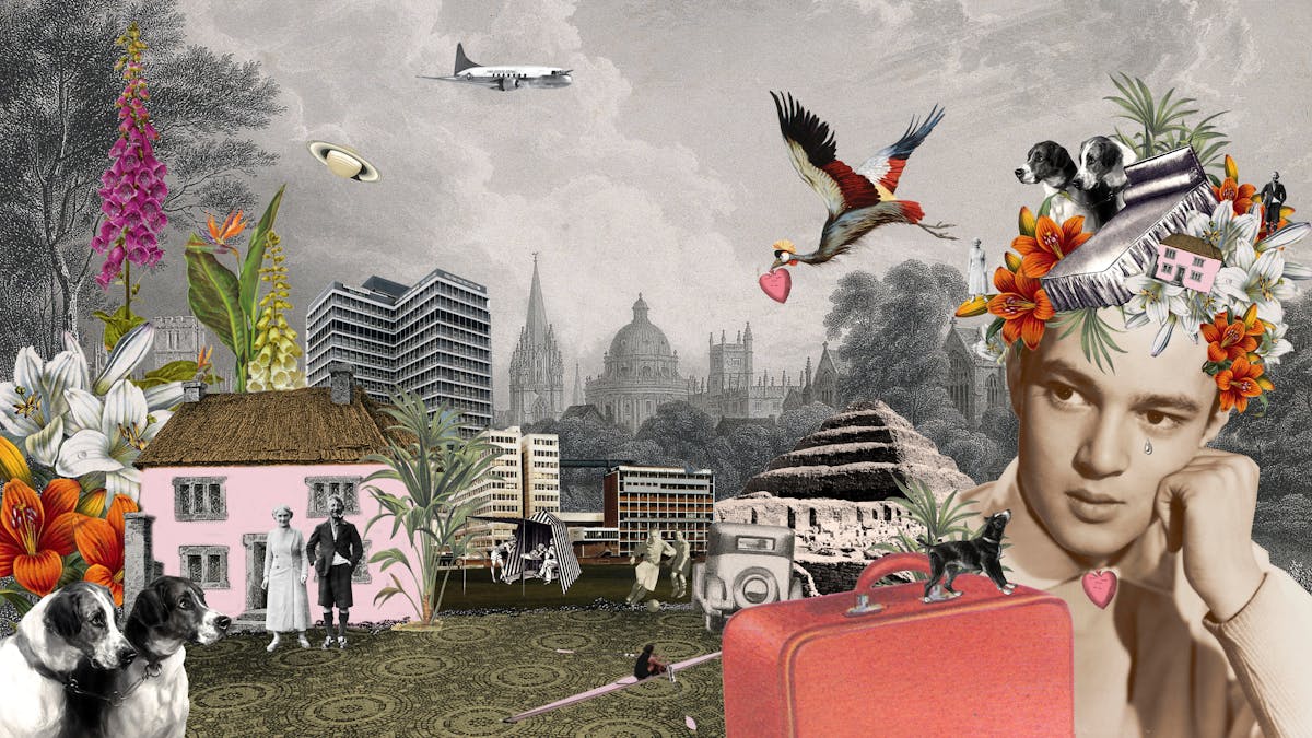 Artwork using collage.  The collaged elements are made up archive material which includes, vintage photographs, etchings, painted illustrations, lithographic prints and line drawings. This artwork depicts a man on the right hand side with his head resting on his hand. Forming a headdress on his head are pictures of a bed, two dogs, a house, flowers and an elderly man and woman. These elements are repeated on the left hand side much larger. In between the two sides is a rural and city skyline merged together. It the sky is an aeroplane and the planet Saturn and a large colourful bird in flight carrying a heart in its beak.