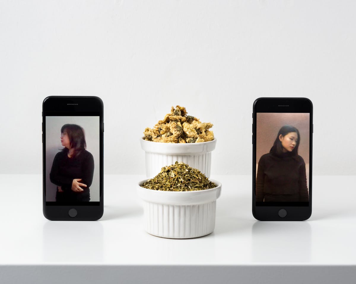 Photograph of a white, slightly glossy self against a white wall. On the shelf standing upright are two smartphones. On the screen on the left hand phone is a portrait of an older woman dressed in black from the waist up looking off to the left. On the screen on the right hand phone is a portrait of a younger woman dressed in black from the waist up looking off to the right. Between the two phones are two white ramekins one behind the other, containing dried Chrysanthemums in one and dried Angelia in the other.