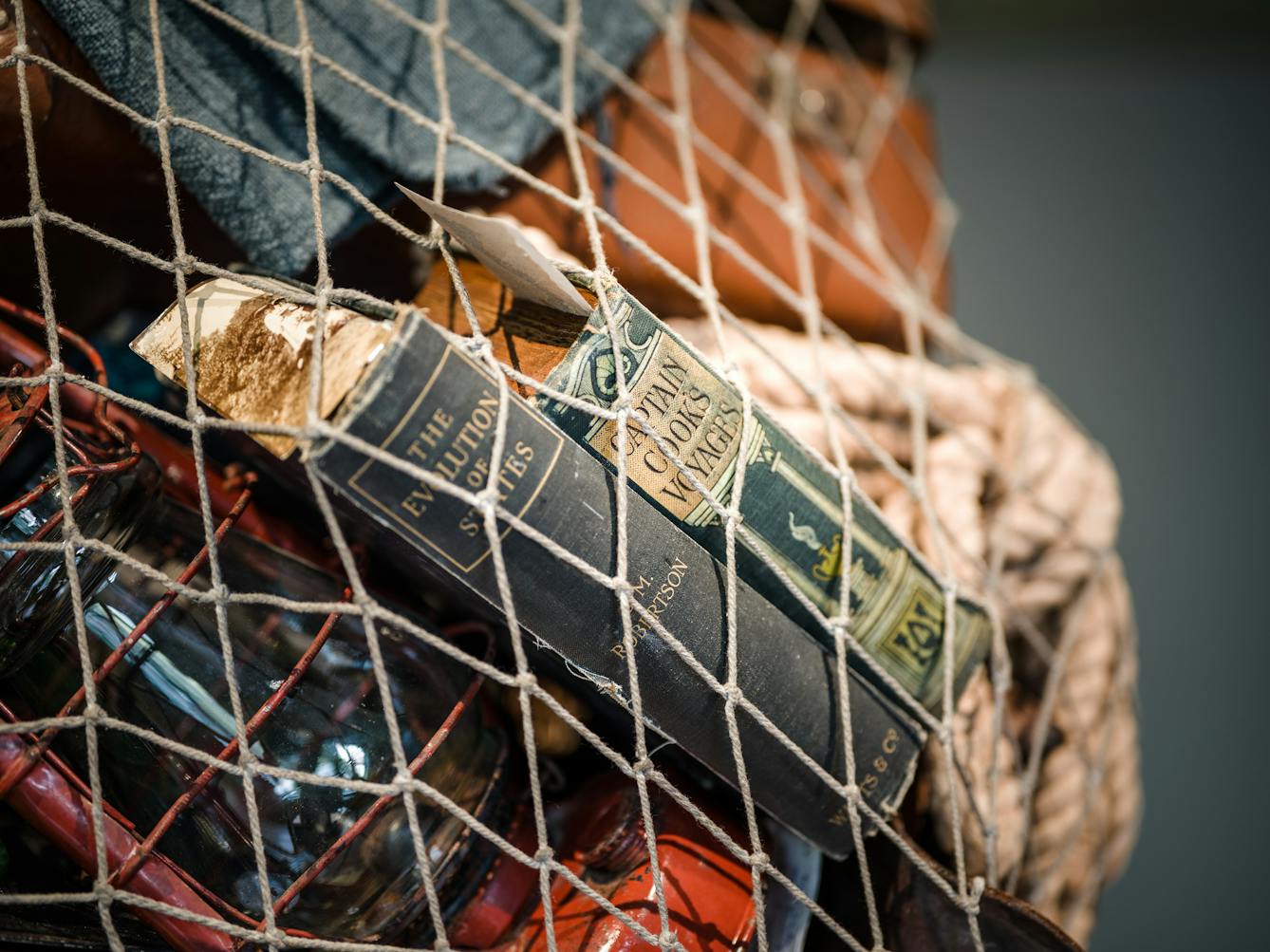 Photograph of a close-up detail of the net being carried by a life-size artwork of a figure resembling an astronaut. Within the net is a couple of books, one titled Captain Cook's Voyages, the other The Evolution of States.