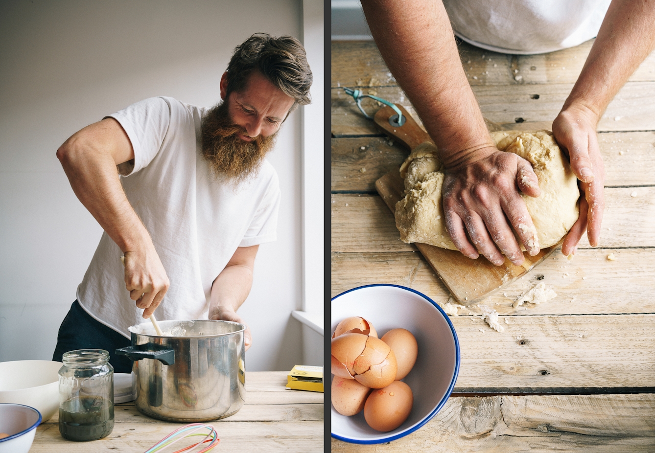 Photographic diptych. The image on the left shows a bearded man in a white t-shirt standing at a wooden kitchen table, stirring a mixture in a large saucepan with a wooden spoon. The saucepan is surrounded by kitchen utensils, a jar of green liquid and a couple of bowls. The image on the right shows a wooden kitchen table from above. A man's hands are kneading a dough mixture on a wooden chopping board. There is also a bowl containing several broken egg shells.