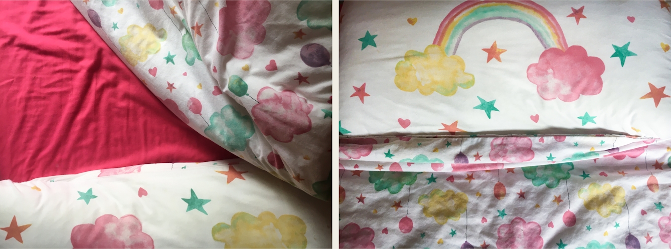 Photographic diptych. The image on the left shows a detail of a child's bed including a pink sheet and part of the pillow case and duvet which has a colourful pattern of clouds, balloons and stars. The image on the right shows the same bed but looking directly down with the bed now made up neatly. It can now been seen that the pillow also has a rainbow design stretching from a yellow cloud to a pink one.