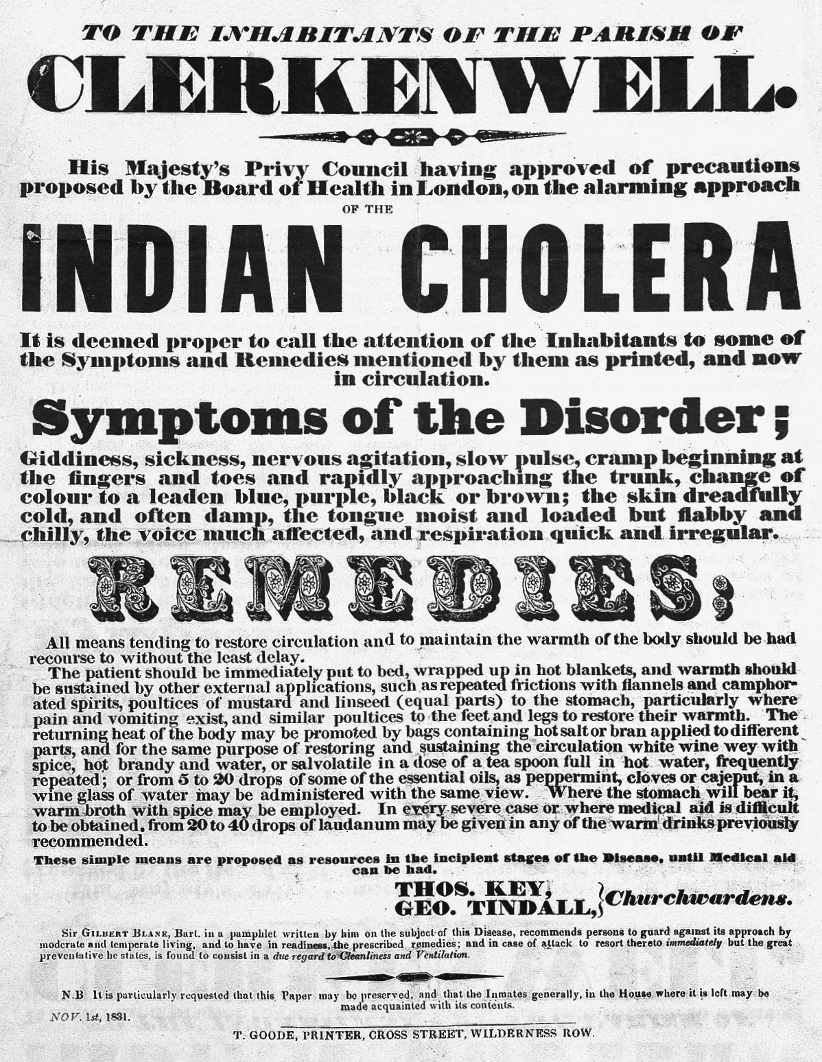 Poster warning of the “alarming approach” of what was described as “Indian” cholera, produced in London in 1831.
