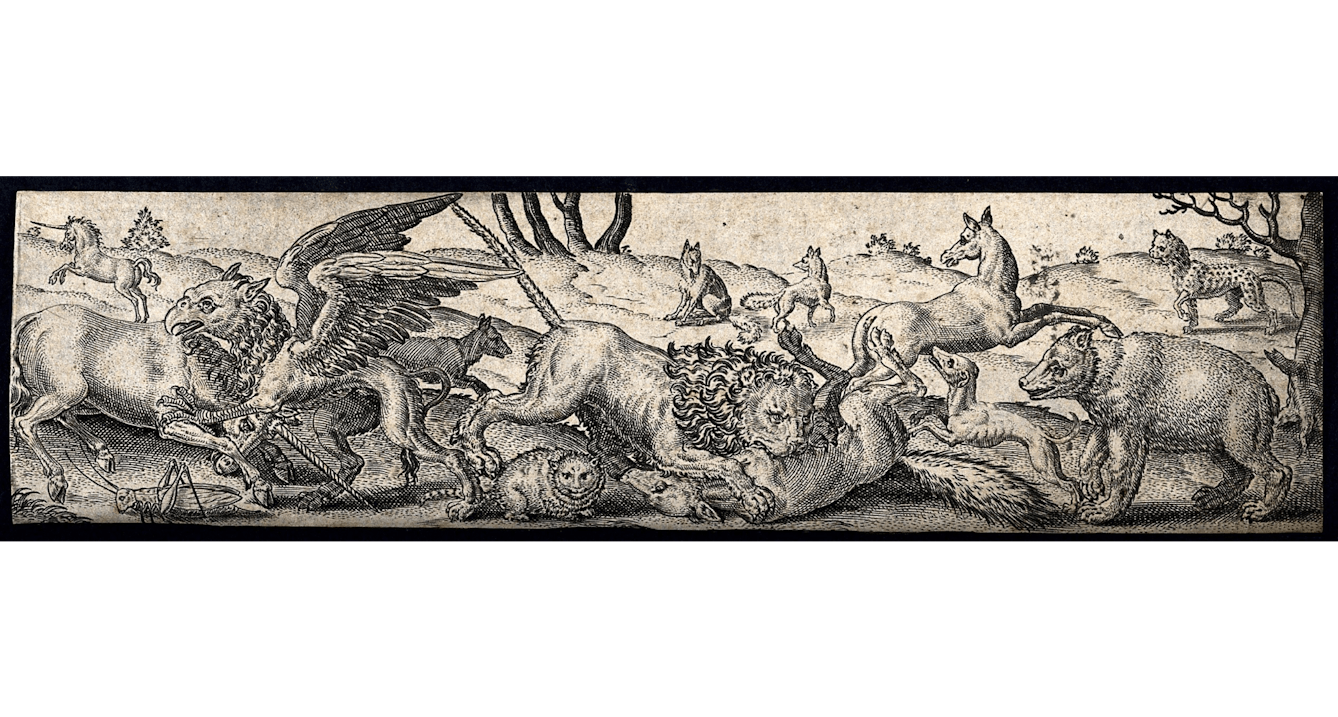 Thin and wide black and white engraving of animals fighting