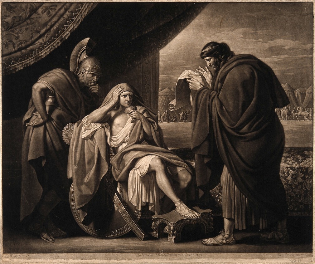 The image shows Alexander the great accompanied by two men. One is his doctor who is reading a manuscript intently. Alexander the great is holding a cup of medicine and looks pensive about drinking it. 