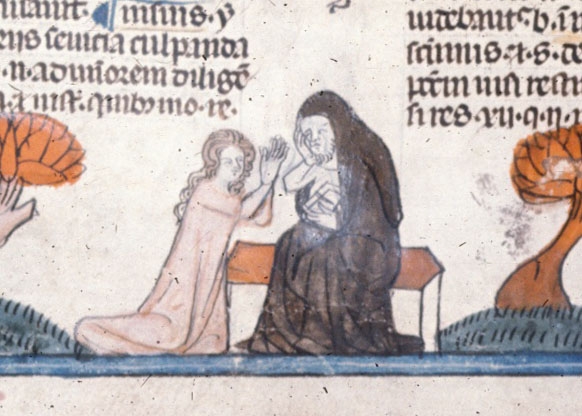 Detail of a bas-de-page scene of a woman making a confession to a hermit. 