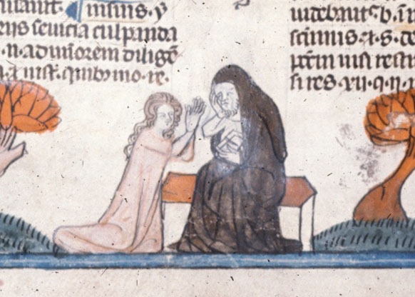 Detail of a bas-de-page scene of a woman making a confession to a hermit.
