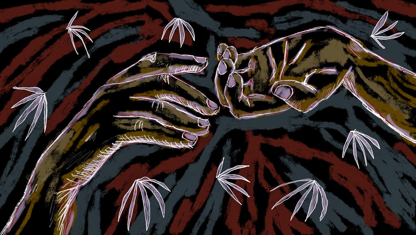 Colour digital artwork showing a figurative study of a pair of hands gracefully suspended in mid air, visible from just above the wrists. The hand on the right is held palm upwards, fingers slightly bent. The hand on the left is palm down, fingers extended slightly towards the other hand but not making contact. The background is made up of dark textured rough lines of dark red, dark blue greys and blacks, punctuated by white outlined leaf-like plants.