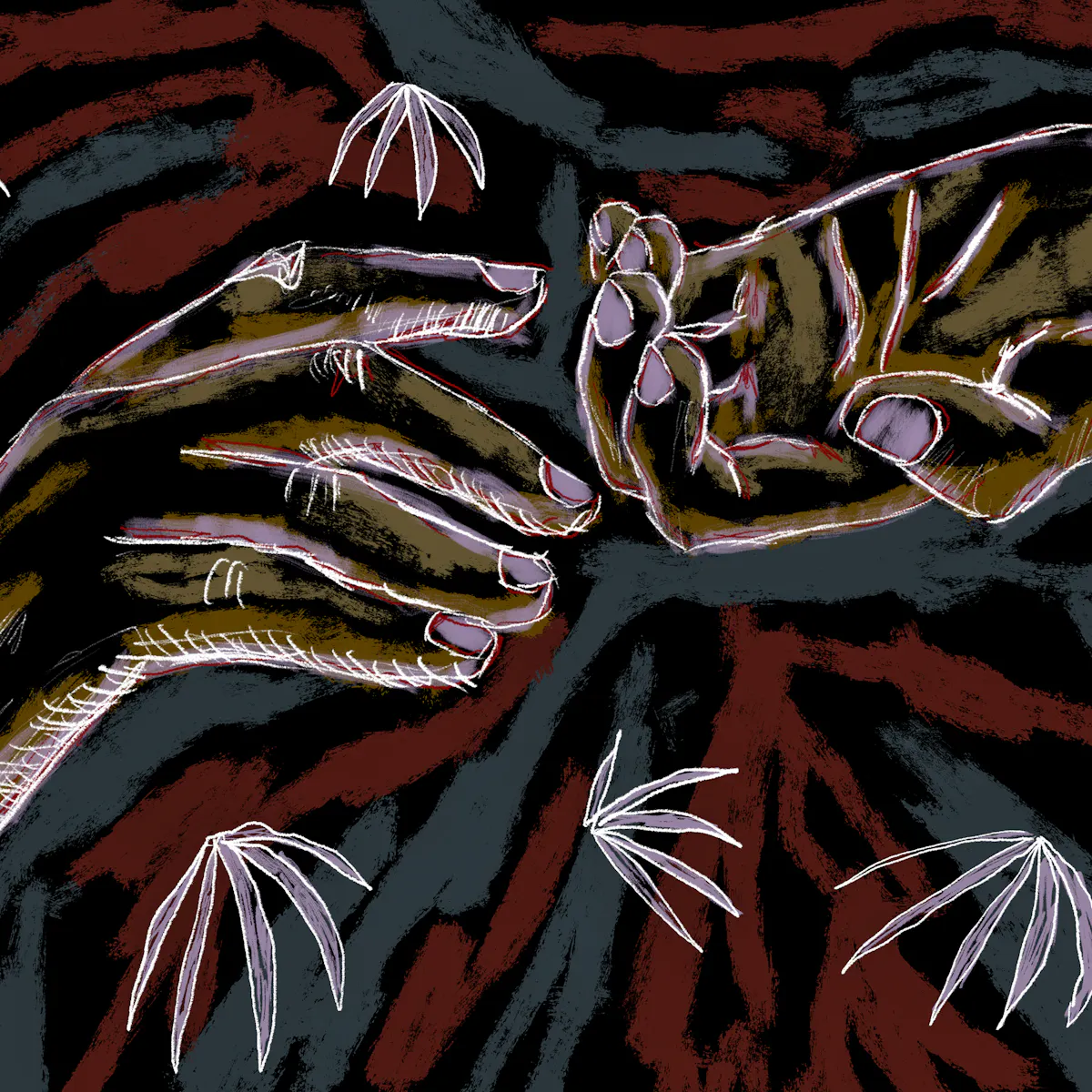 Colour digital artwork showing a figurative study of a pair of hands gracefully suspended in mid air, visible from just above the wrists. The hand on the right is held palm upwards, fingers slightly bent. The hand on the left is palm down, fingers extended slightly towards the other hand but not making contact. The background is made up of dark textured rough lines of dark red, dark blue greys and blacks, punctuated by white outlined leaf-like plants.