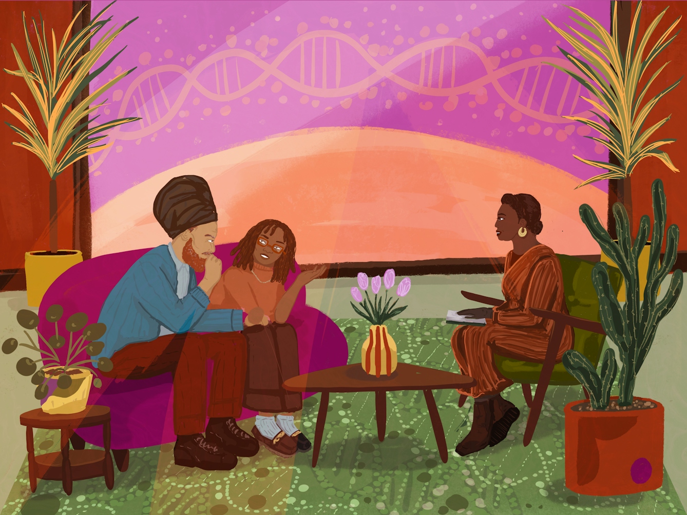 An illustration of a therapy session in progress. A Therapist sit’s in a chair across from a couple having a discussion. In the room are large plants and in the background a strand of DNA is depicted. 