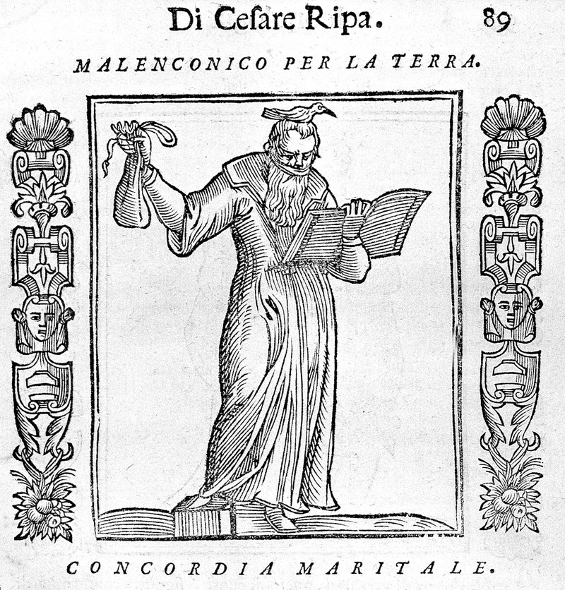 Image of black and white engraving with figure holding a book and a bag in the centre and text over and under him.