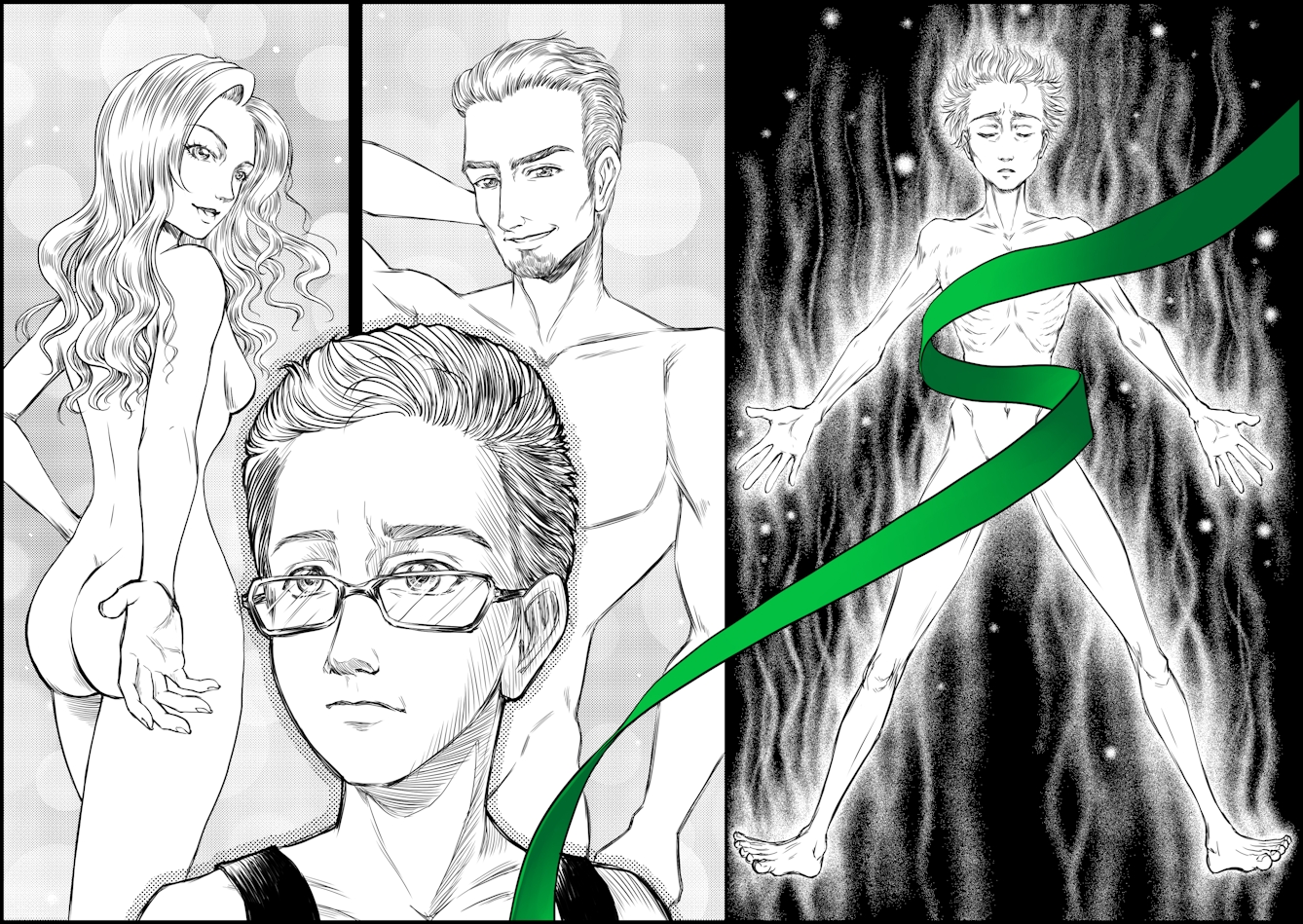 Illustration in the style of Manga graphic novels, showing two scenes. On the left is teh face of a young person wearing glasses. Behind them are two naked figures, one female, one male. On the right is the same young person, naked and full bodies, but looking thin. A green ribbon zig-zags over the body covering the chest and groin areas.