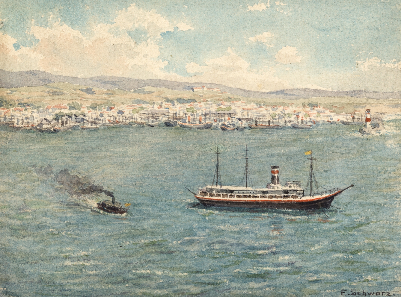 Photograph of a watercolour depicting a coastal scene where a yellow quarantine flag raised on a ship anchored at sea some distance from a port, signals yellow fever is onboard.