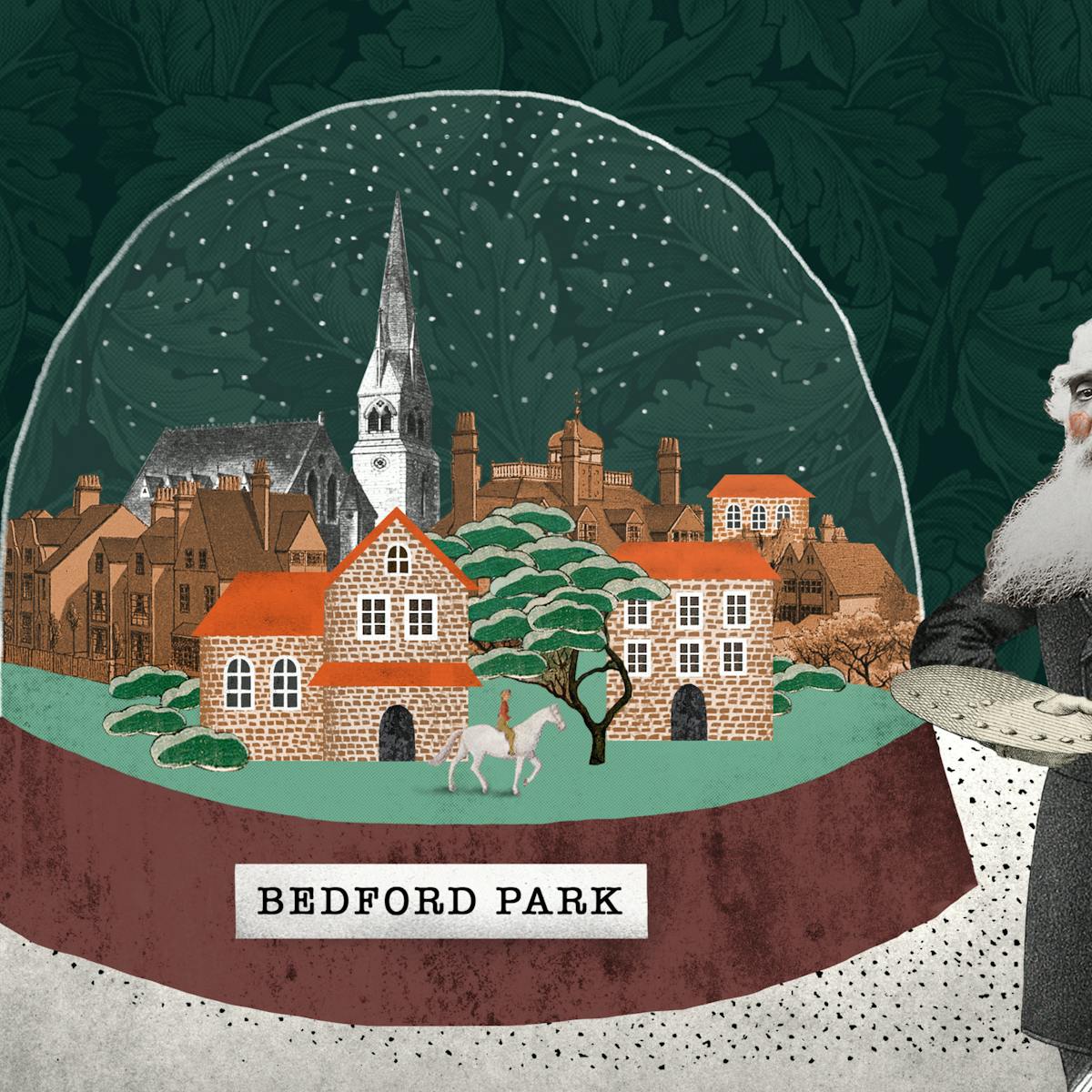 Artist's montage showing the garden suburb of Bedford Park within a snowglobe, with historical figures looking on