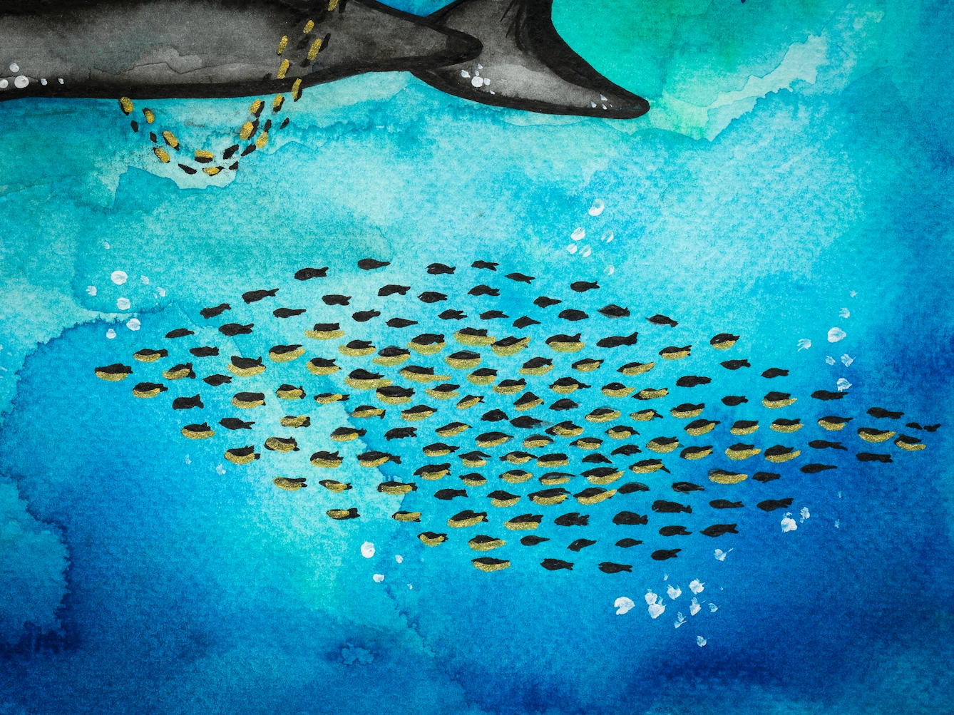 Detail from a larger colourful watercolour artwork. The artwork shows an underwater scene. A shoal of small fish are swimming in the middle of the scene. Above the fish is a whale's tail, with several small fish swimming around it. 