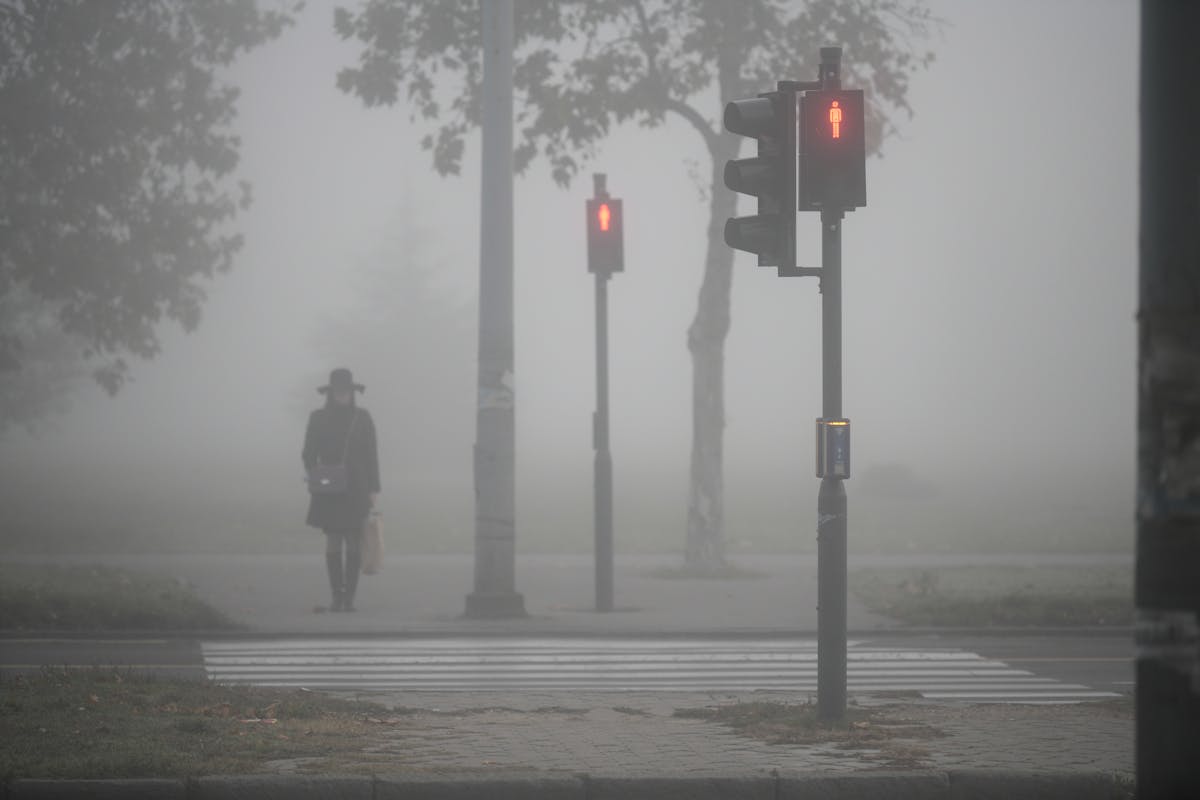 Photograph of a pedestrian crossing. On the far side of the crossing is a dark sillhouette of a woman, wearing a long coat and hat. There are several trees around her. There are two pedestrian crossing lights lit up red, one on either side of the road. It is very misty and foggy, and the mist is occluding a tree in the distance. 