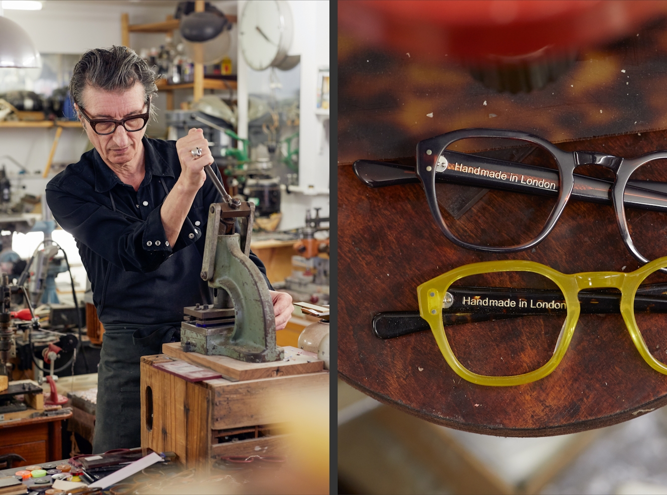 Photographic diptych. The image on the left shows a man in a black shirt and apron operating a desk mounted machine press. The image on the right shows a close up view of 2 finished spectacle frames, one brown, one yellow. On the arm of each frame are the words, "Handmade in London".