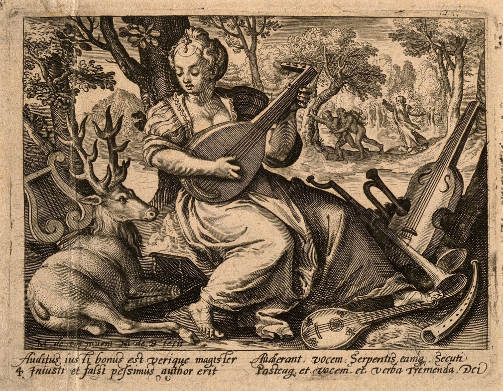 Bordered engraving of a woman and a stag in the woods, with lots of musical instruments
