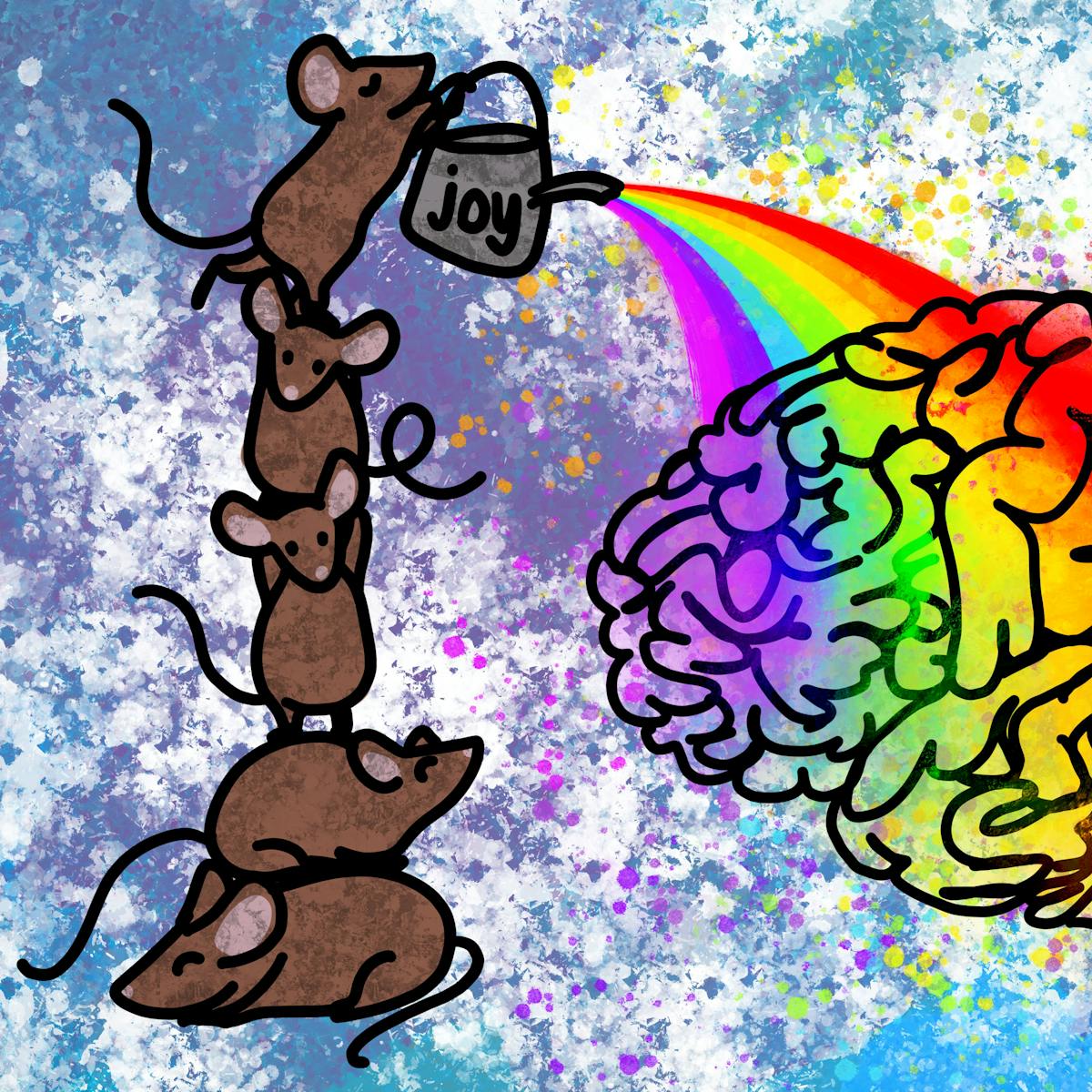 Colourful digital artwork made up of a mottled, paint splattered background containing blues, whites, reds, pinks, yellow and oranges. On top of the background are 6 brown rats standing one on top of the other forming a tower. The rat at the top is holding a watering can with the word 'joy' written on the side. Out of the watering can is streaming a flow of rainbow rays which fall down onto a line drawing of a brain.