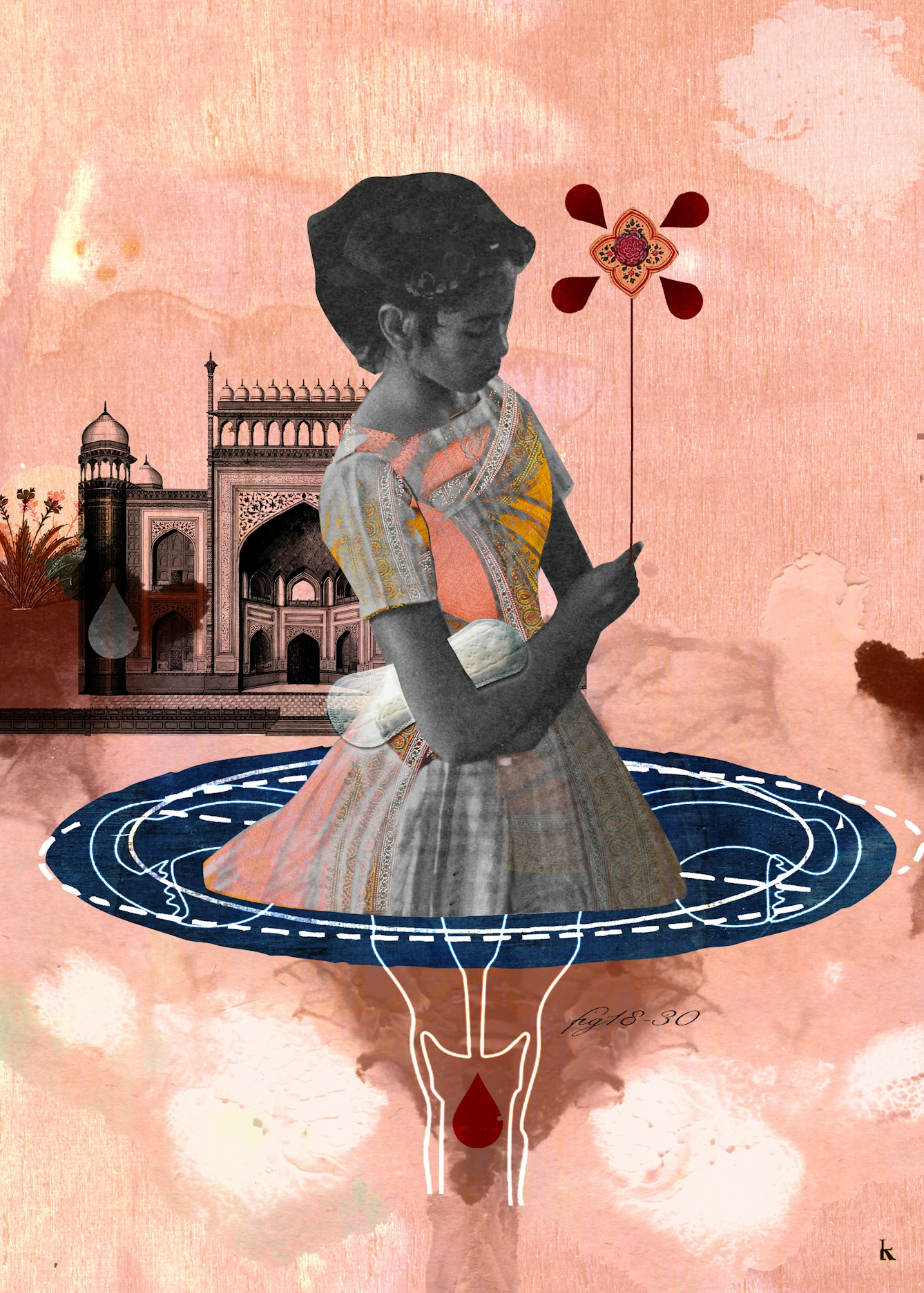 Mixed media digital collage on a pink textured fabric and watercolour background.  The black and white figure of a woman has a sanitary towel in hand is holding a flower shaped ballon.  The woman is placed in a puddle-like female reproductive system that has been spliced with a diagram of the moon,  An etching of a South Asian building is depicted in the background.
