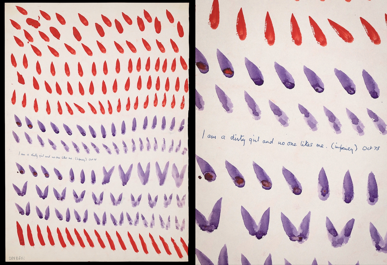 Photograph of a watercolour artwork showing a multitude of teardrop shapes and diagonal lines falling from the top of the page to the bottom. The teardrops are coloured in horizontal bands of red rows, purple rows and then back to red. In the centre of the page is a line of handwritten text. A zoomed-in image to the right of the artwork shows this text more clearly, and it reads, “I am a dirty girl and no one likes me. (infancy) Oct 75.”