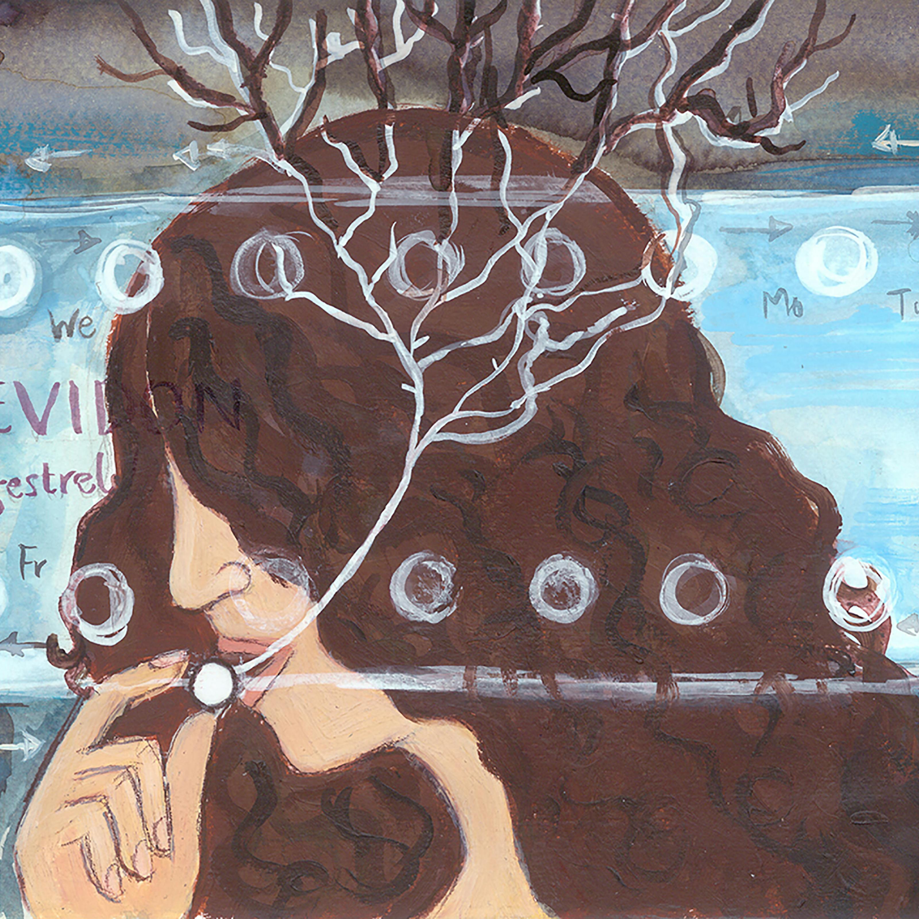 Photograph of a watercolour painting. In the middle is a the side profile of a girl with curly brown hair. Her hair is covering her eyes. She is holding a white circular pill up to her lips which are slightly parted. A white branching line is coming out of the pill and extends through the girl's mouth and up towards the top of her head. White and brown tree-like branches are coming out from the top of the girl's head. In the background there is a large contraceptive pill packet, each pill capsule labelled with a different day of the week. In the middle of the packet there is text that reads 'RIGEVIDON' and smaller text underneath that reads 'levonogestrel'.