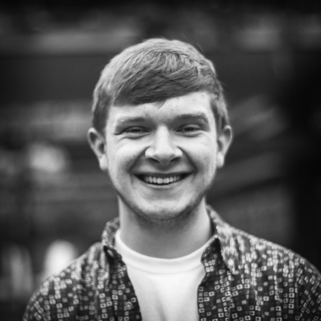 Black and white, head and shoulders portrait of Rory Sheridan.