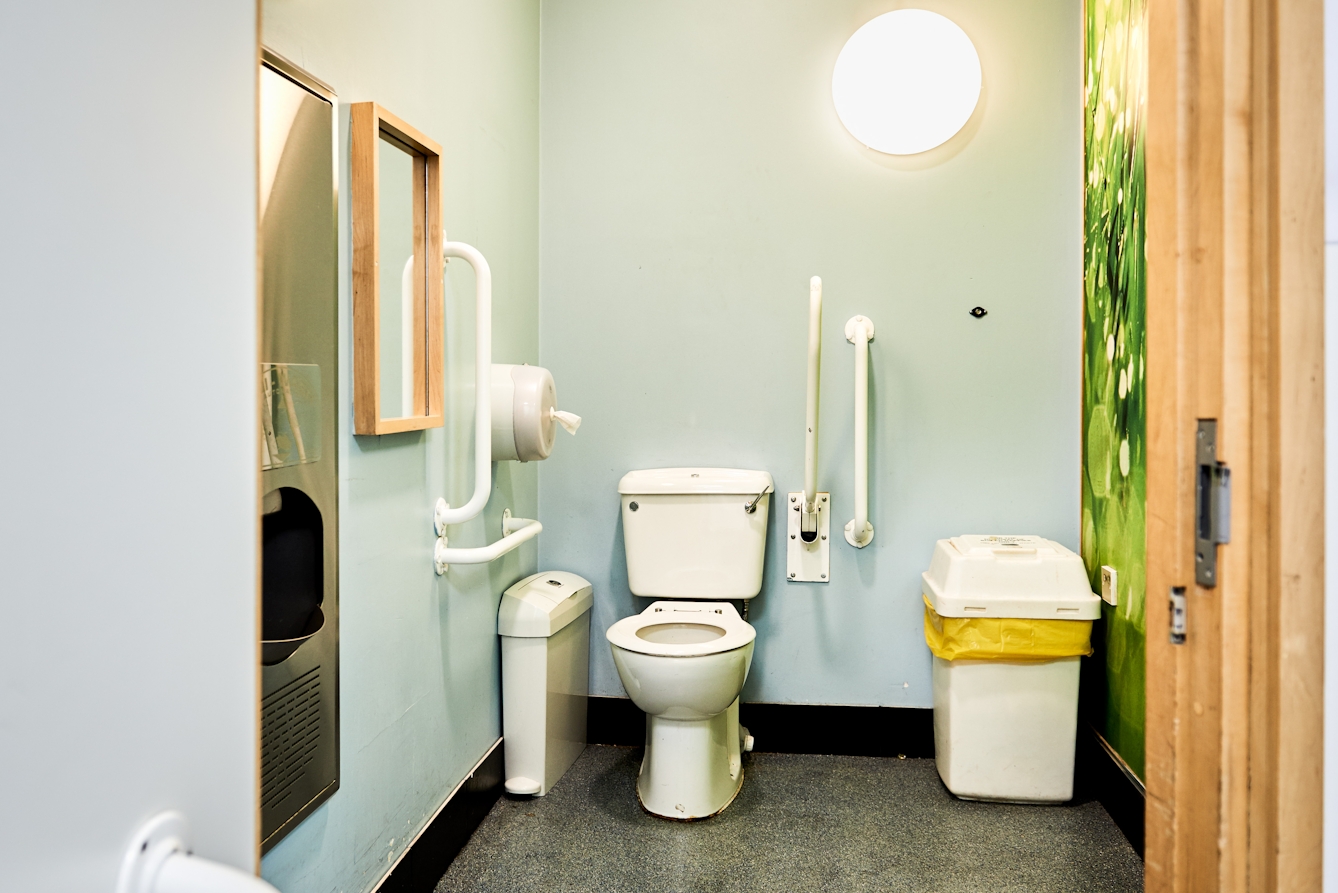 Photograph though the doorway of an accessible toilet showing part of the door and doorframe, along with the contents of the room, toilet, basin, sanitary bin and baby changing table. One of the walls has a large photographic print on it which appears to be showing green leaves in a tree.