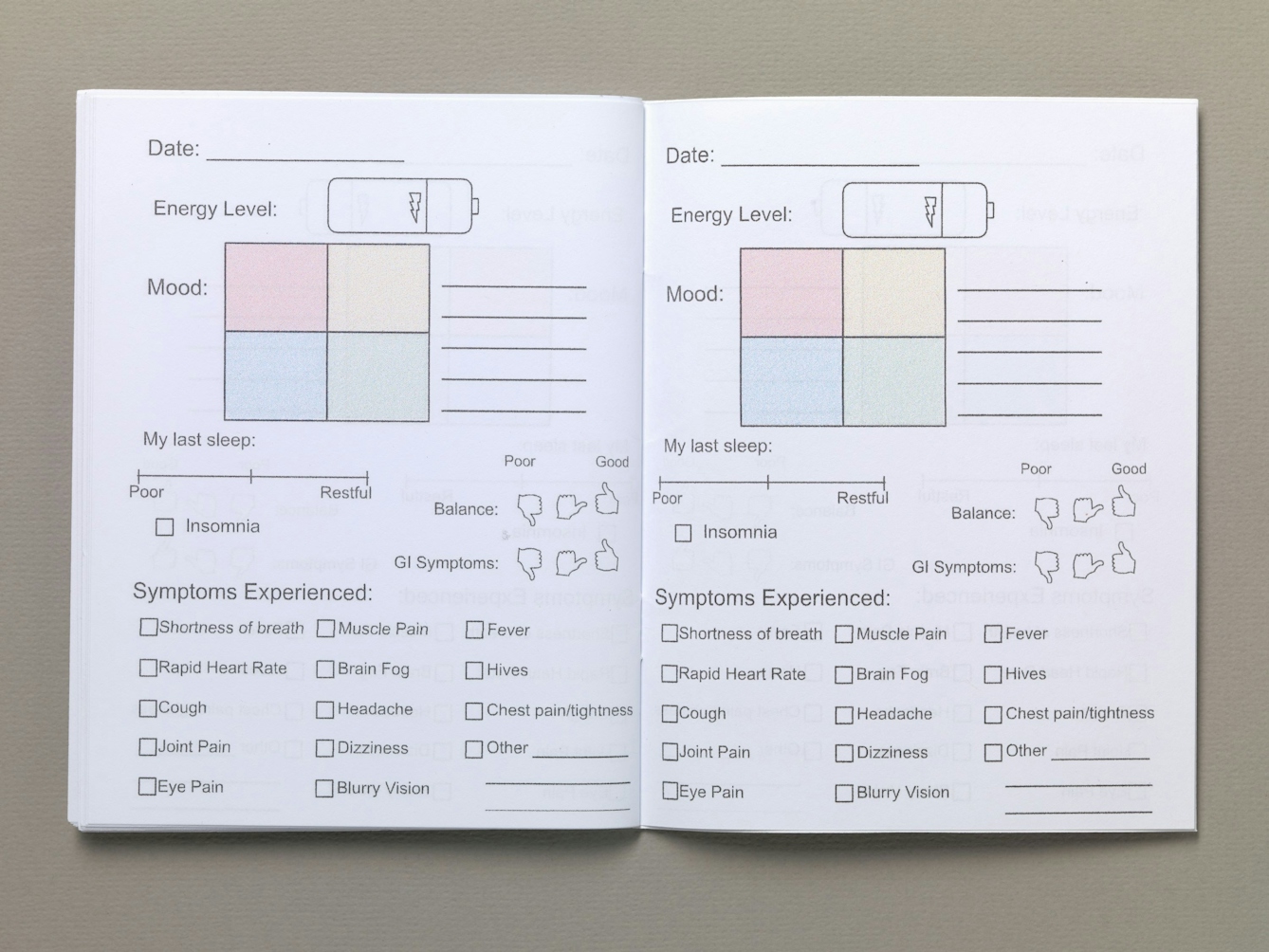 A two page spread from the zine 'Long Covid symptom tracker: a self-care tracker' by ASC for Healthy Communities. The two pages are identical and contain graphics, spaces and check boxes designed to be completed by the user. These recored information including: energy level, mood, insomnia, balance, GI symptoms and a variety of physical sypmptoms such as fever, pain, headache etc.