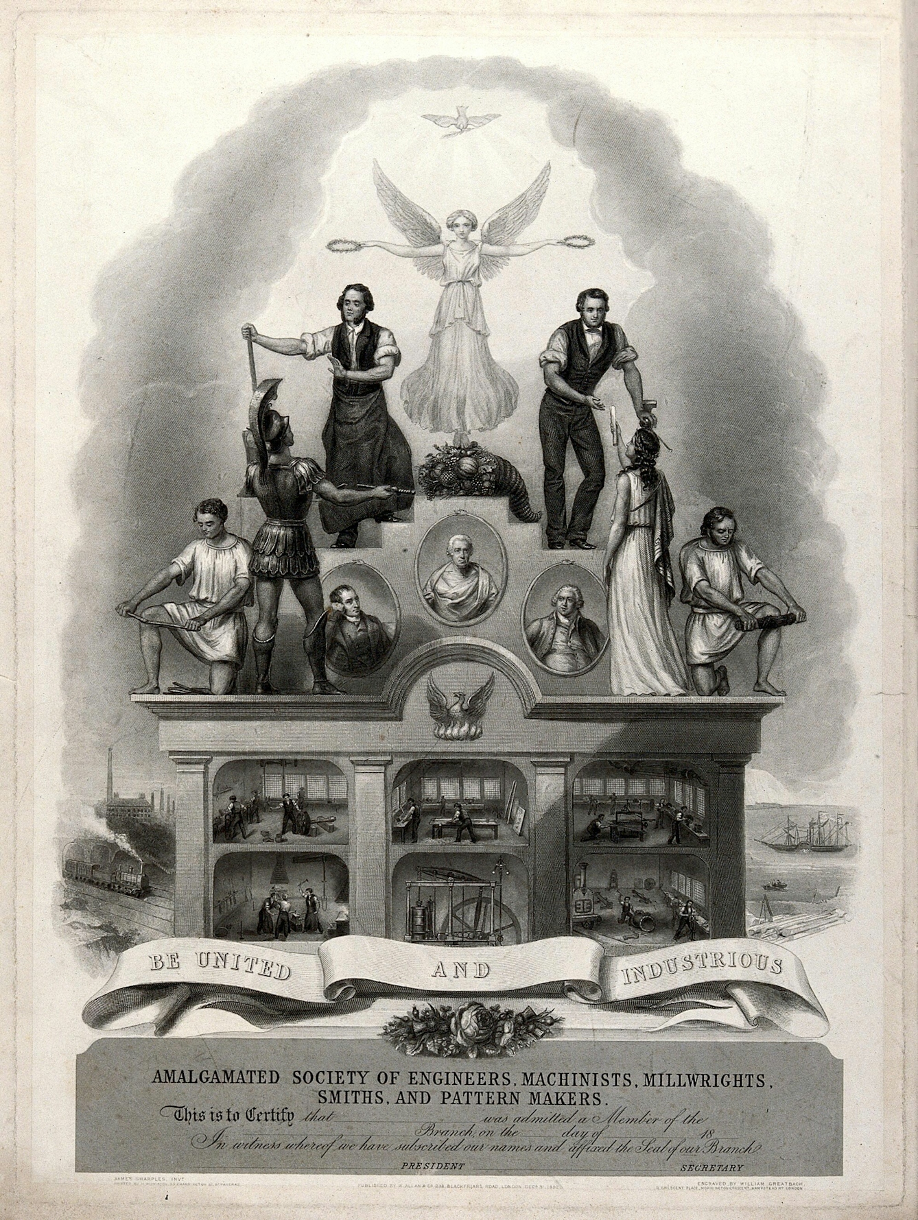 Engraving showing three plinths of different levels. On the highest, most central plinth, there is a winged angel holding two wreaths with her arms outstretched. Underneath these wreaths on the next plinths are two men wearing waistcoats. Behind the angel is a flying dove and a beaming sun, suggestive of the heavens. On the lower plinths there is a woman in a long dress looking up at the man on the right. On the left there is a soldier dressed in armour looking up at the man on the right. On the lowest, outer plinths are two men kneeling down and holding wood. Underneath the plinths is a sign that reads 'Be united and industrious'. In the background to the right there are ships in the sea. In the background to the left is a steam train and a factory with chimneys emitting smoke. 