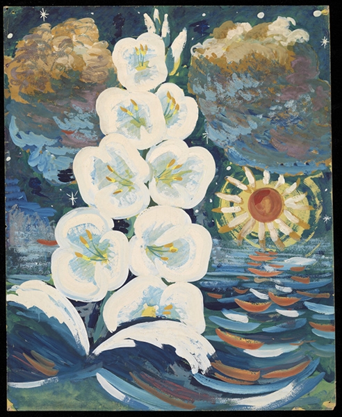 White flowrs in front of a seascape, painting by Ron Hampshire