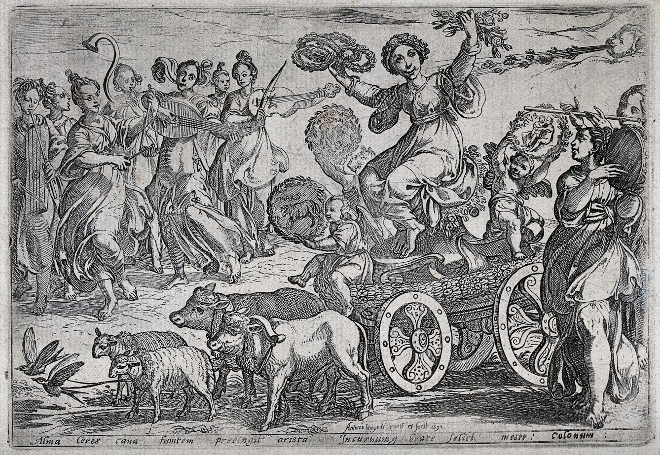 An etched illustration of a woman on a chariot drawn by farm animals, holding a wreath and flowers in her hands, surrounded by people playing musical instruments.