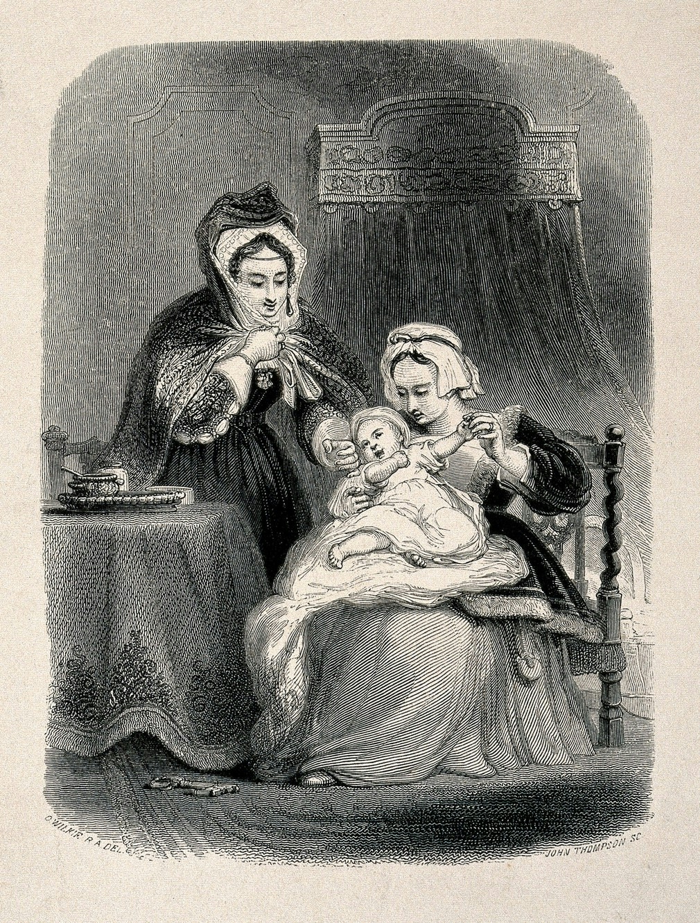 Monochrome etching of a female servant holding a small child while its fashionably dressed mother touches its face on her way out