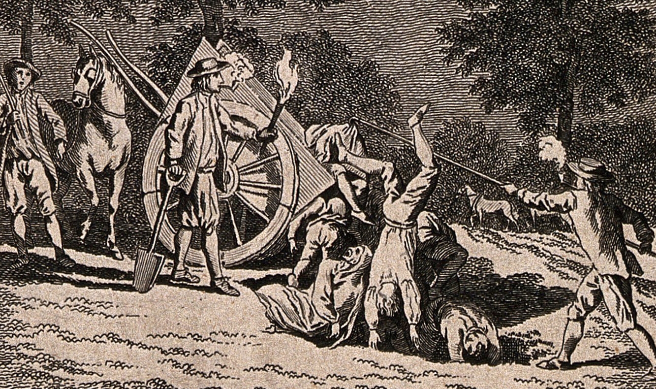 Etching showing people with a cart, long sticks, shovel and smoking pipes burying dead bodies in a hole.