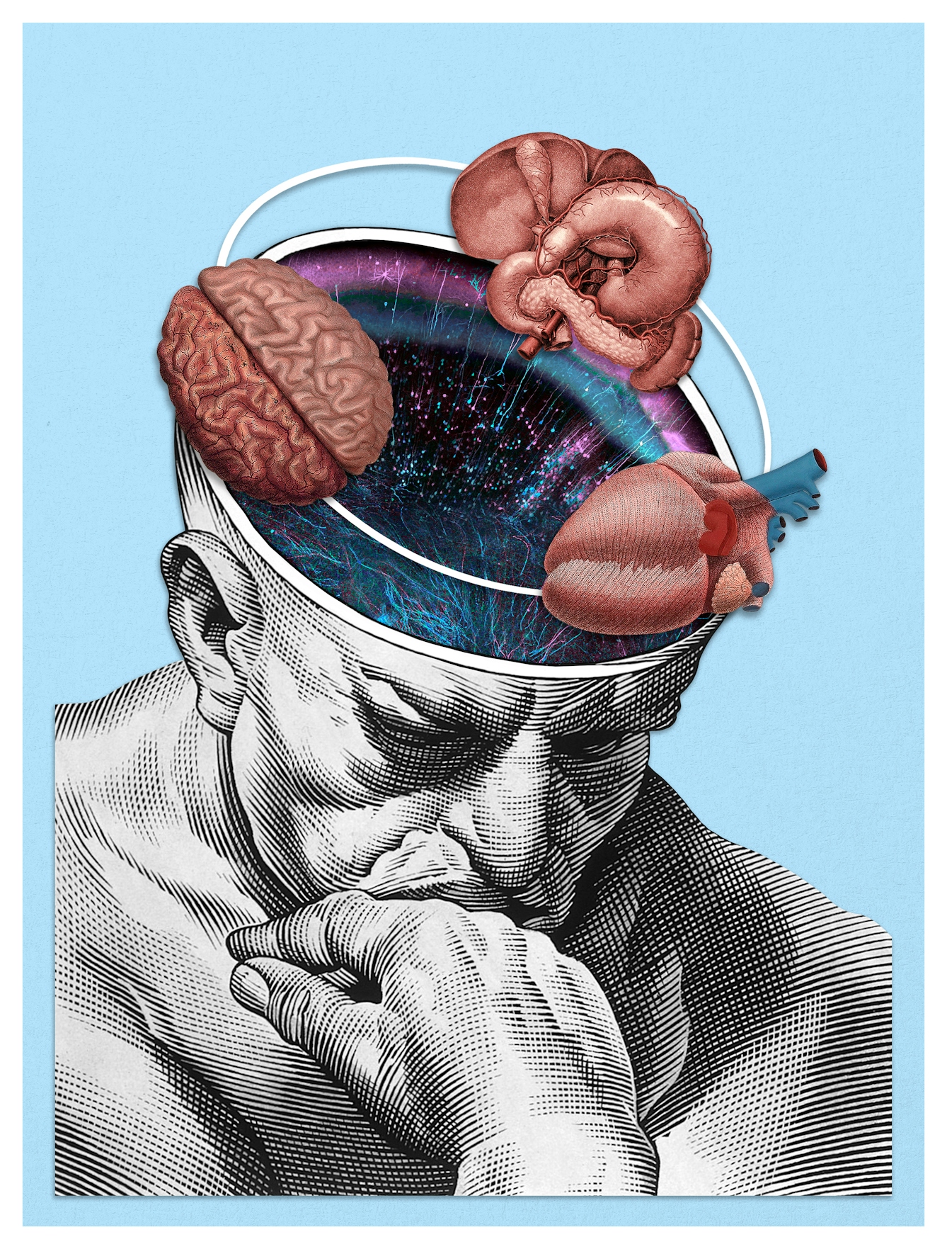 Digital collage of archival material.  Head and shoulders of a man in a thinking pose with his chin resting on his hand. His head has been cross-sectioned.  The resulting void shows a series of colourful electrical impulses.  Surrounding the head are archival illustrations of the brain, the heart and the stomach.