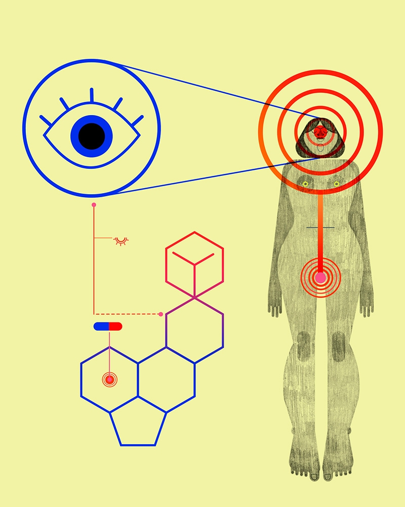 Illustration of woman, eye and chemical symbols representing the effect of taking LSD