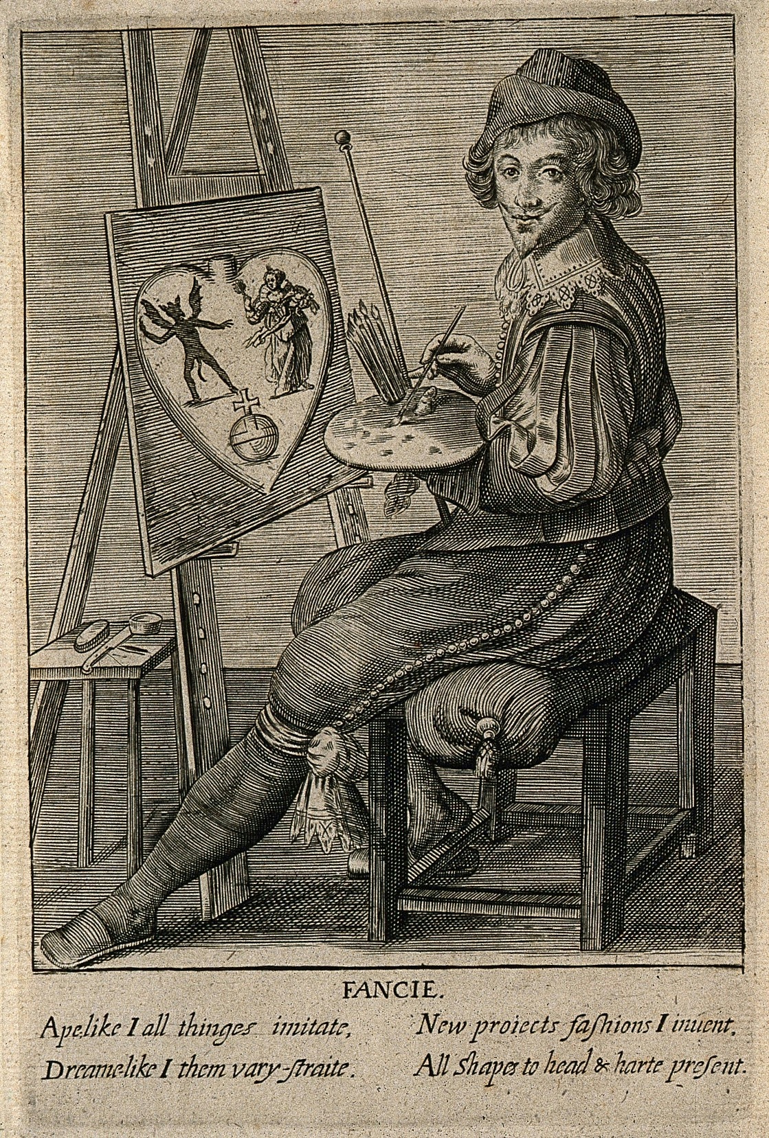 Black and white engraving of a male artist sitting in front of an easel, with paints and paintbrushes in his hand.