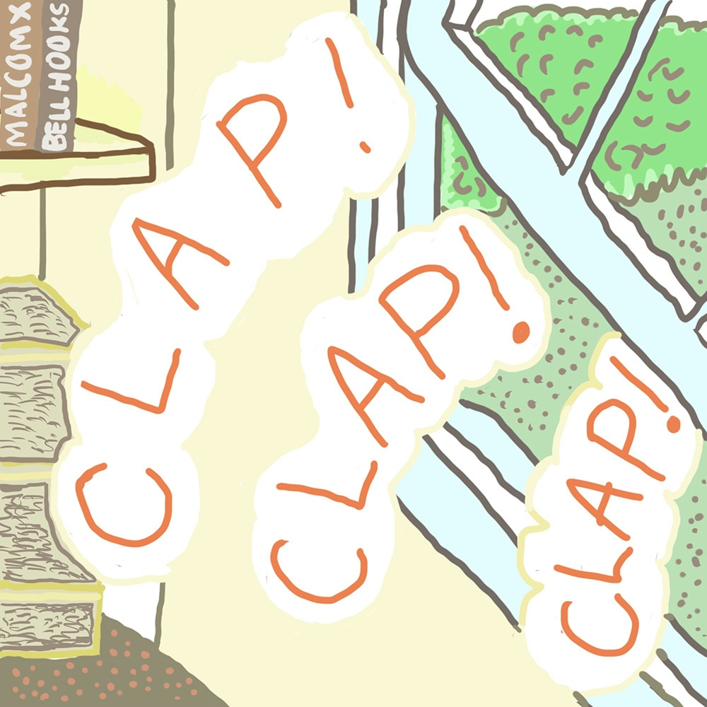 Webcomic showing the words 'clap, clap, clap' in red writing on a white background. Behind the words, the corner of a room with a window and bookshelf is shown.