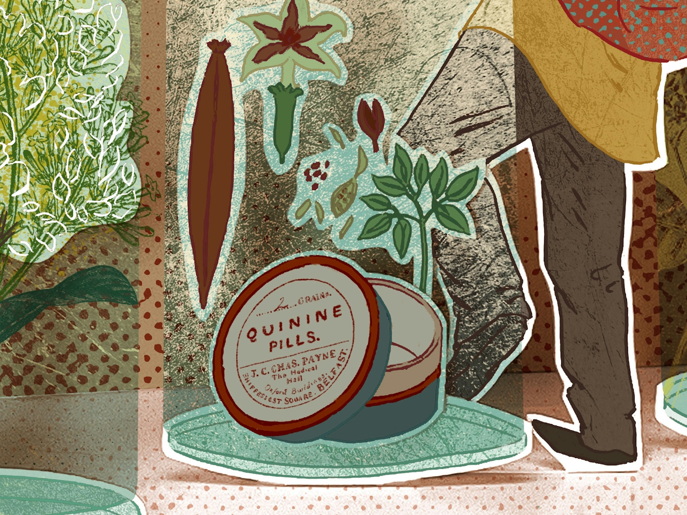 Crop of a photograph of a papercut 3D artwork. A man wearing a hat is shown standing between six large glass jars, each containing a different kind of plant. There are red mountains in the background.
