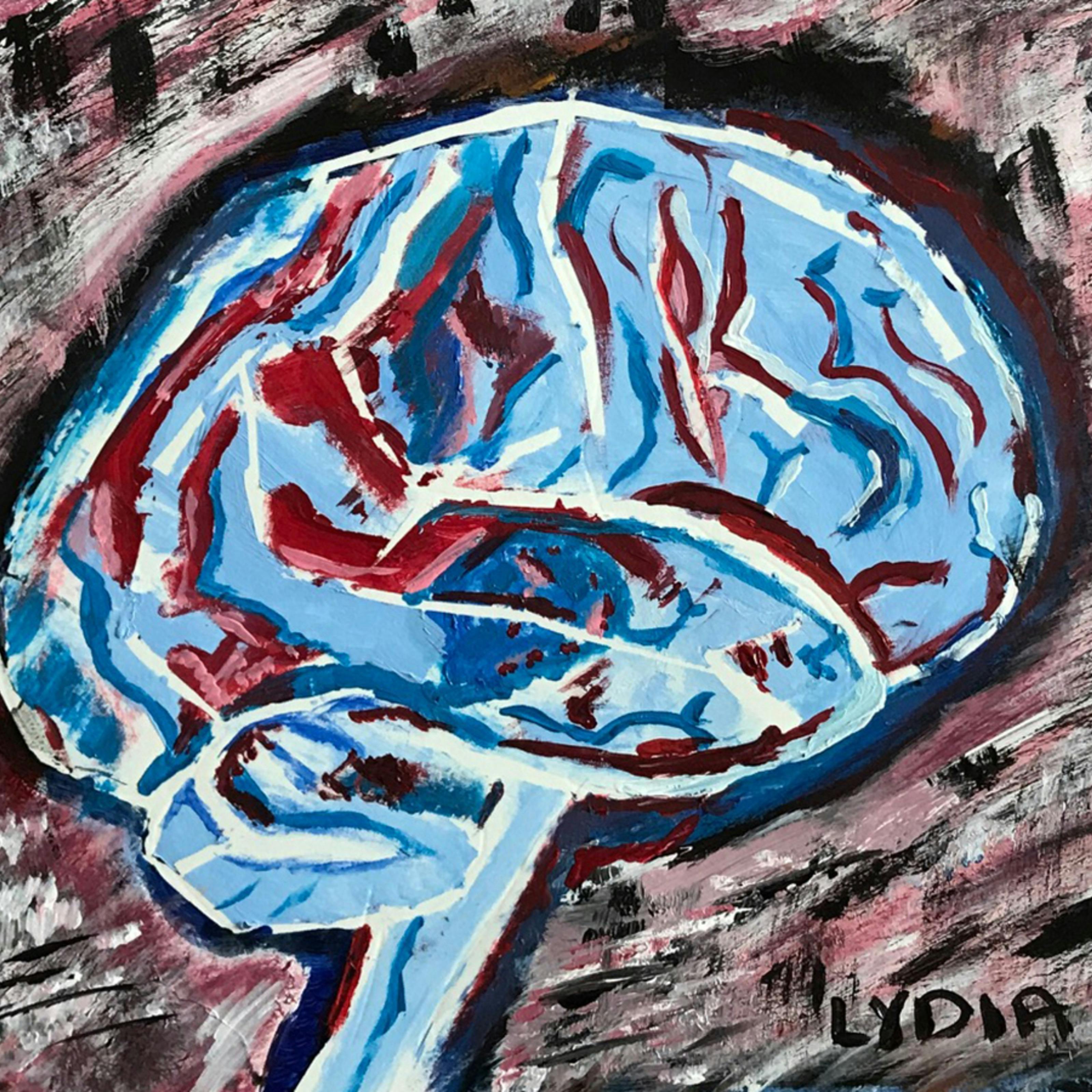 Painting of the human brain, in blues, reds, blacks and whites.