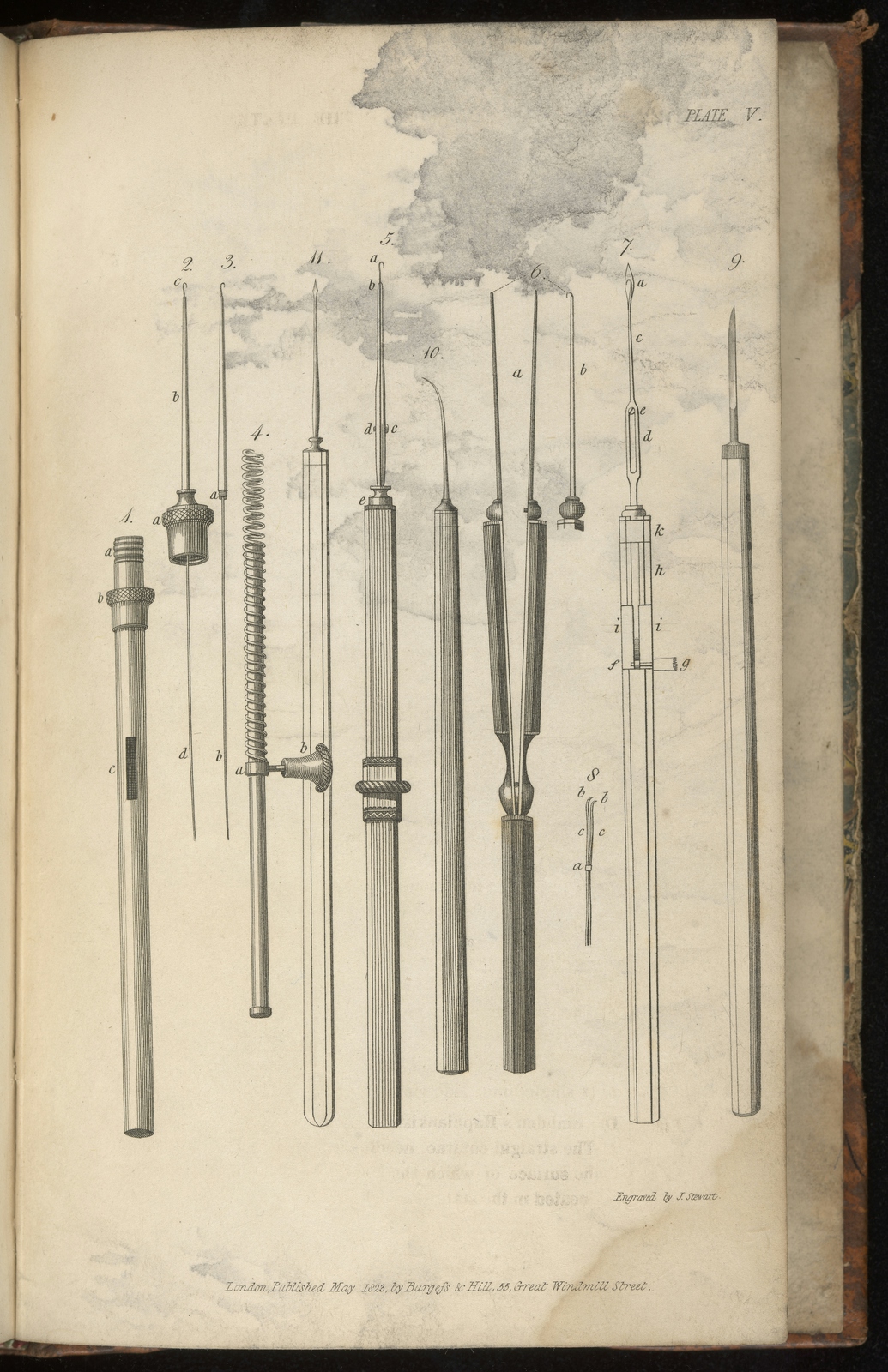 Black and white engraving showing tools used to perform eye surgery in the 19th century.