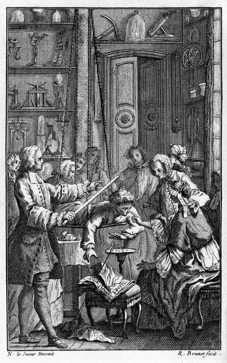 Etching of an experiment involving a man carrying a rod with a woman in the middle of the group.